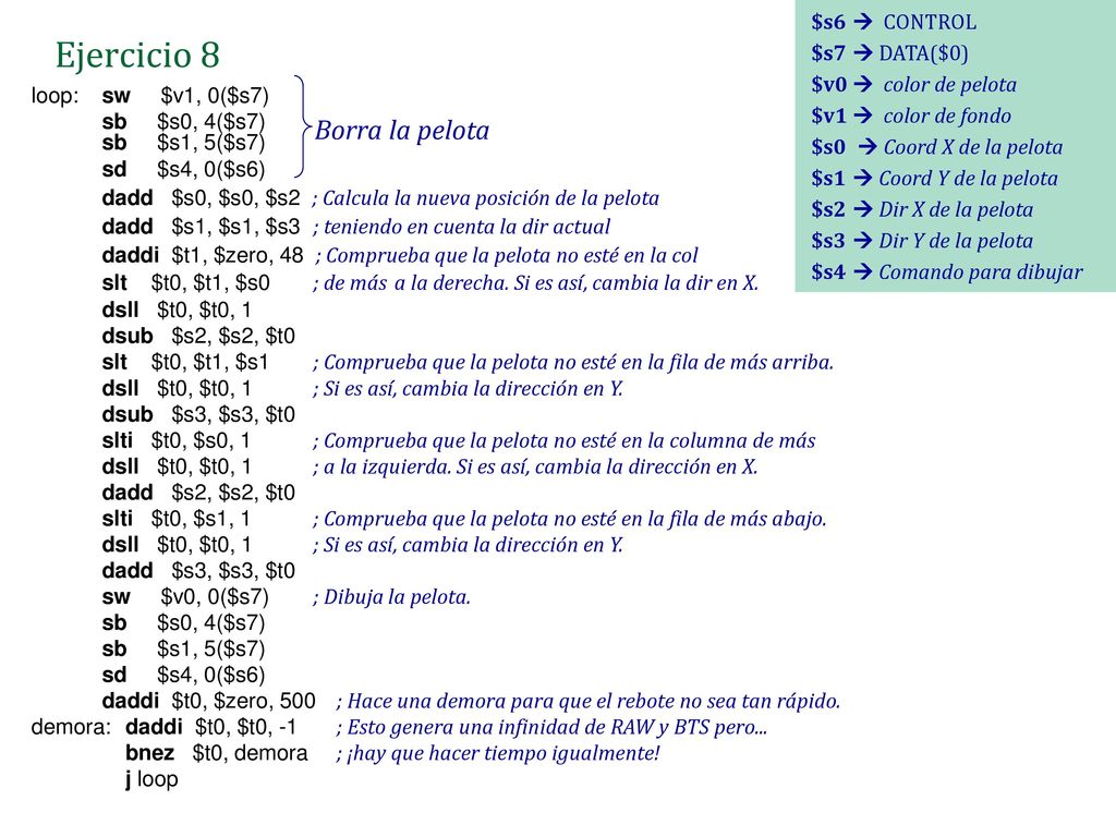 Ejercicio 8 Borra la pelota $s6  CONTROL $s7  DATA($0)