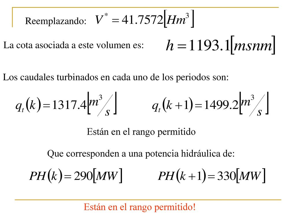 Reemplazando: La cota asociada a este volumen es: Los caudales turbinados en cada uno de los periodos son: