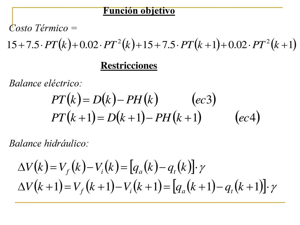 Función objetivo Costo Térmico = Restricciones Balance eléctrico: Balance hidráulico: