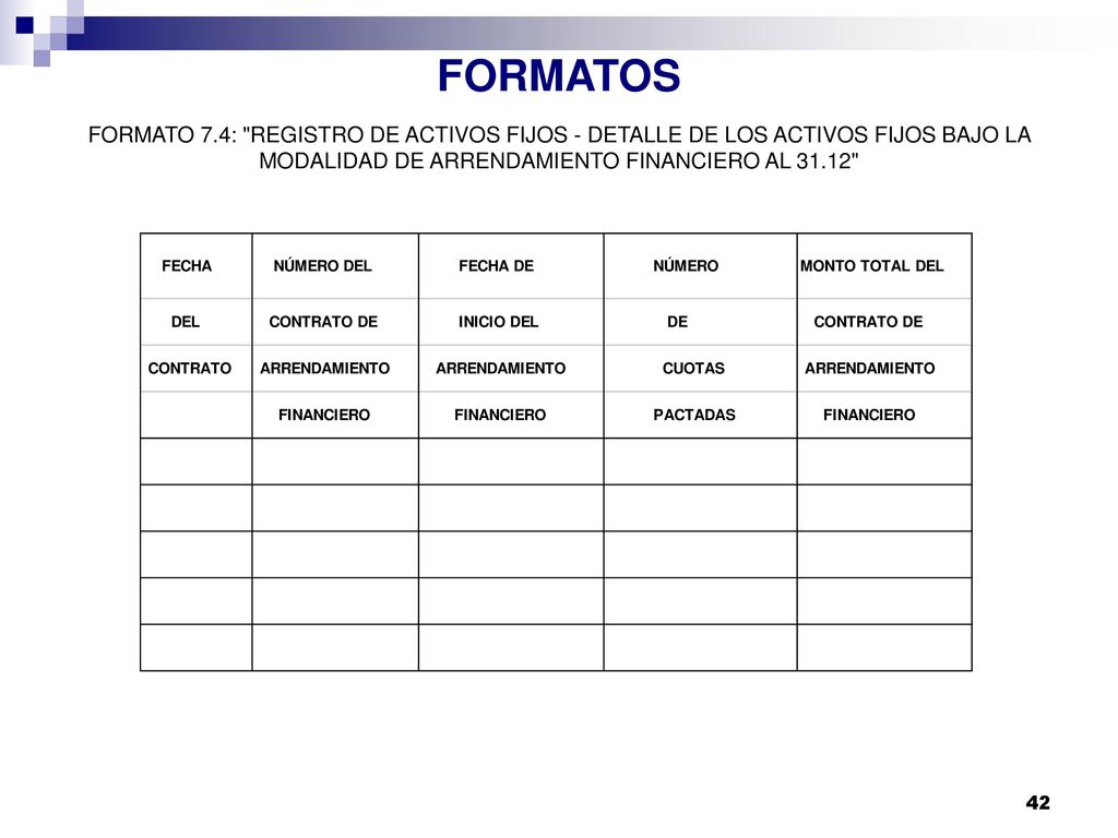 FORMATOS FORMATO 7.4: REGISTRO DE ACTIVOS FIJOS - DETALLE DE LOS ACTIVOS FIJOS BAJO LA MODALIDAD DE ARRENDAMIENTO FINANCIERO AL