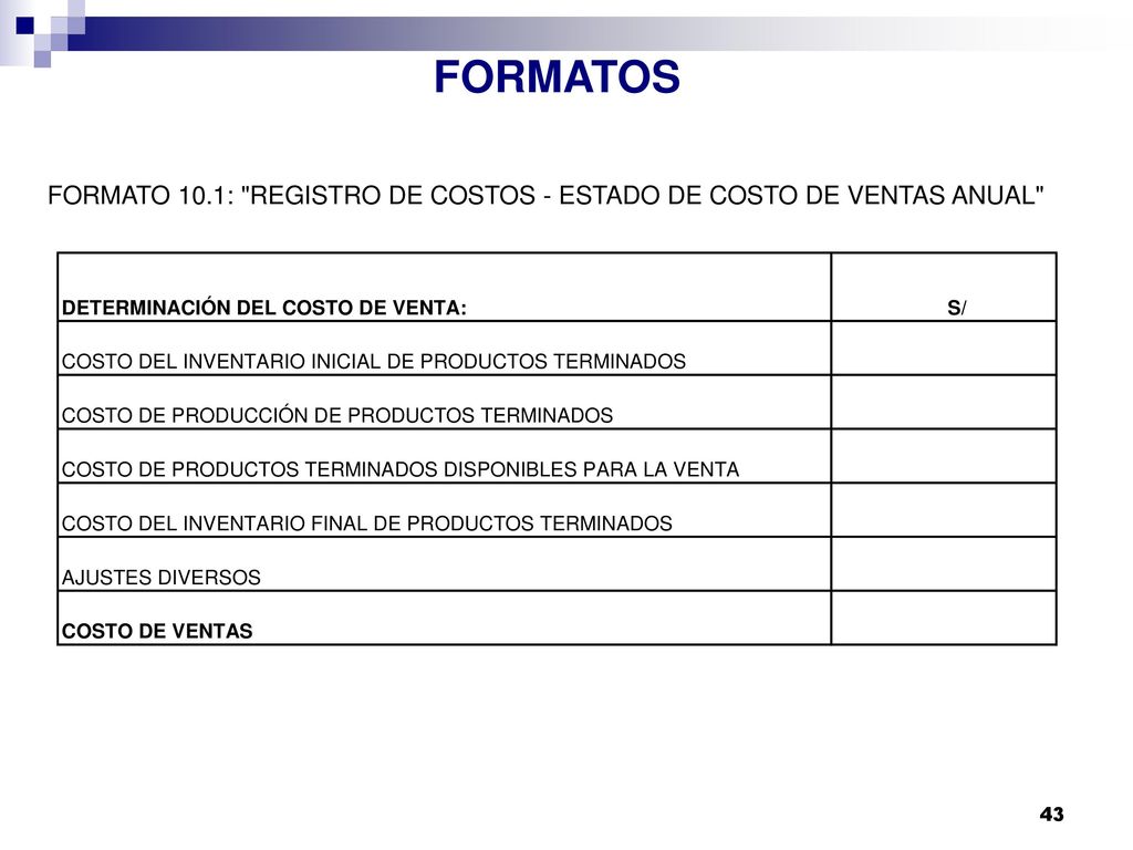 FORMATOS FORMATO 10.1: REGISTRO DE COSTOS - ESTADO DE COSTO DE VENTAS ANUAL