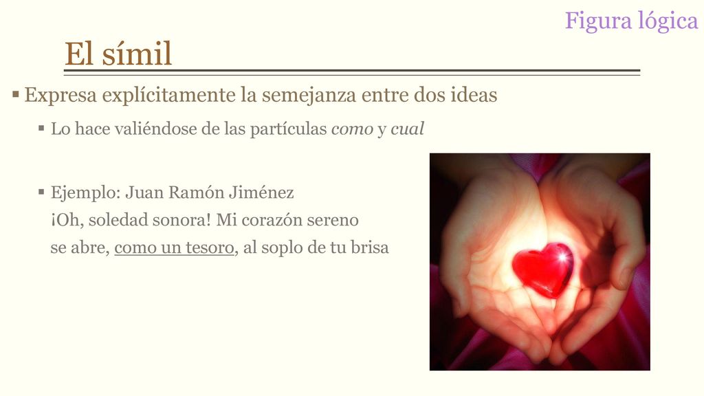 El símil Figura lógica. Expresa explícitamente la semejanza entre dos ideas. Lo hace valiéndose de las partículas como y cual.