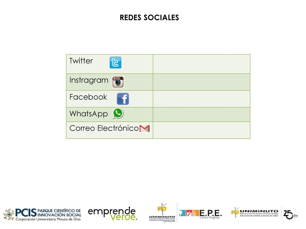 REDES SOCIALES Twitter Instragram Facebook WhatsApp Correo Electrónico
