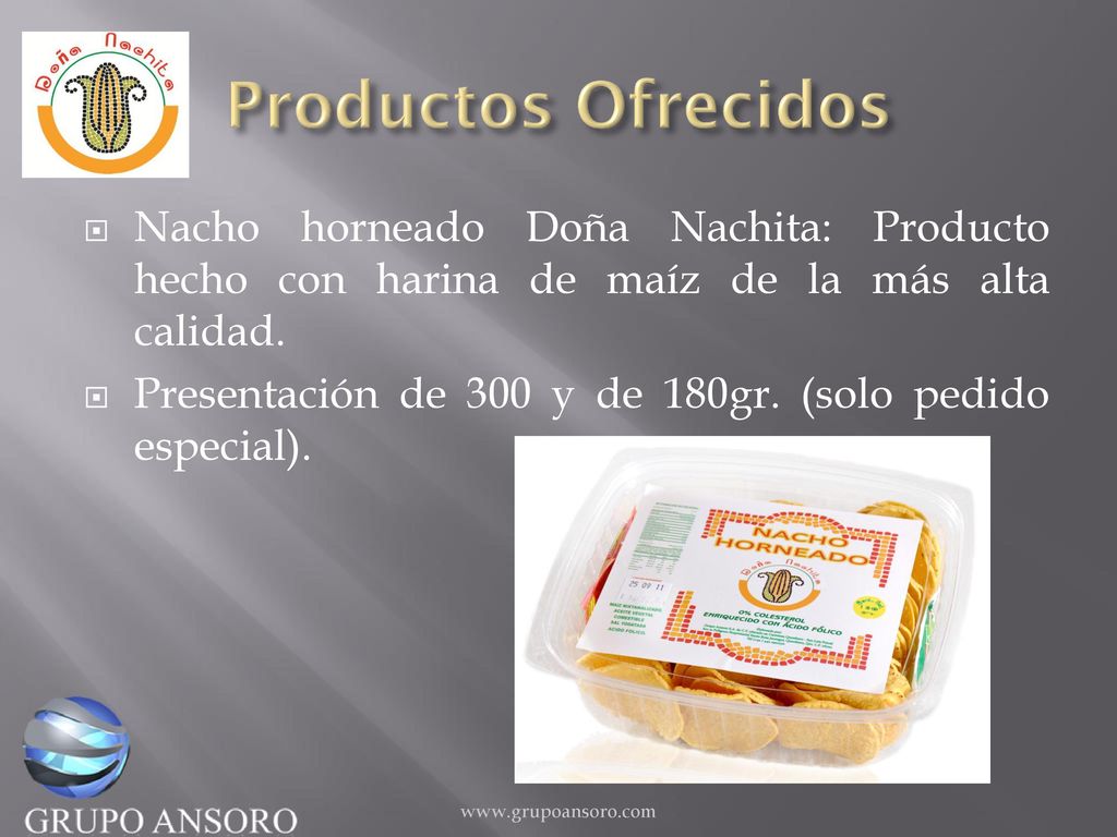 Productos Ofrecidos Nacho horneado Doña Nachita: Producto hecho con harina de maíz de la más alta calidad.