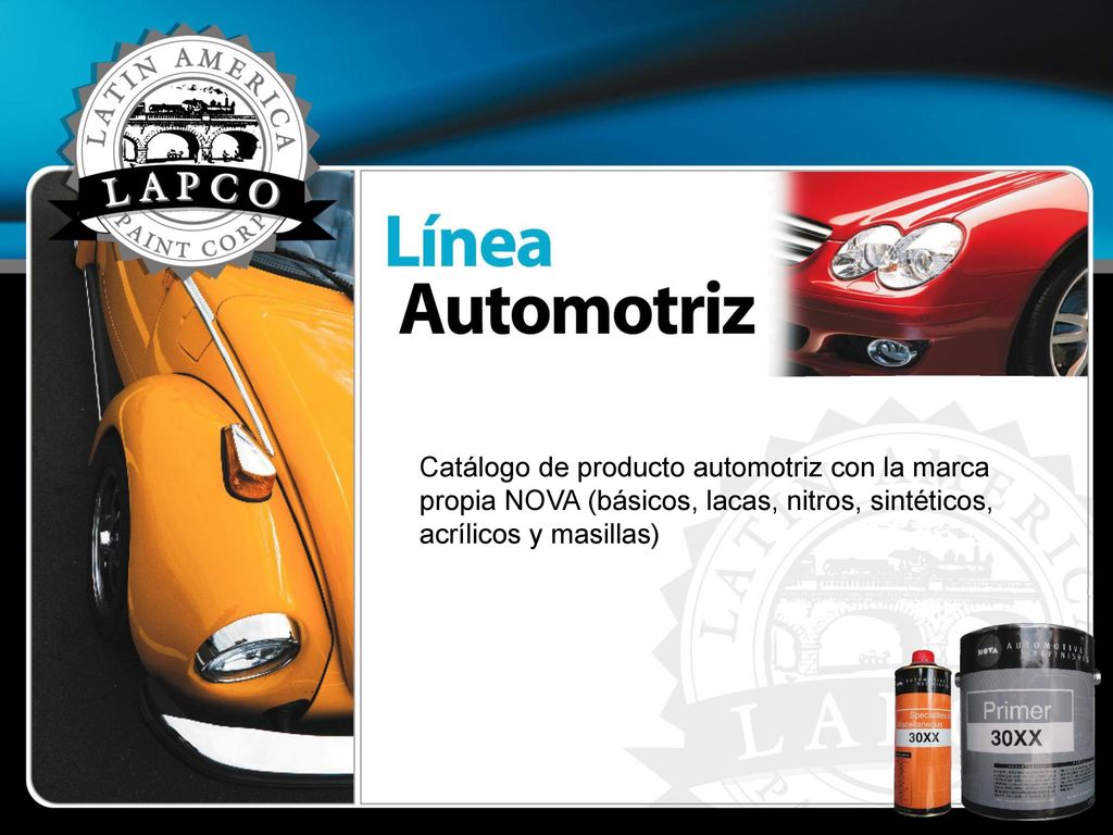 Catálogo de producto automotriz con la marca propia NOVA (básicos, lacas, nitros, sintéticos, acrílicos y masillas)