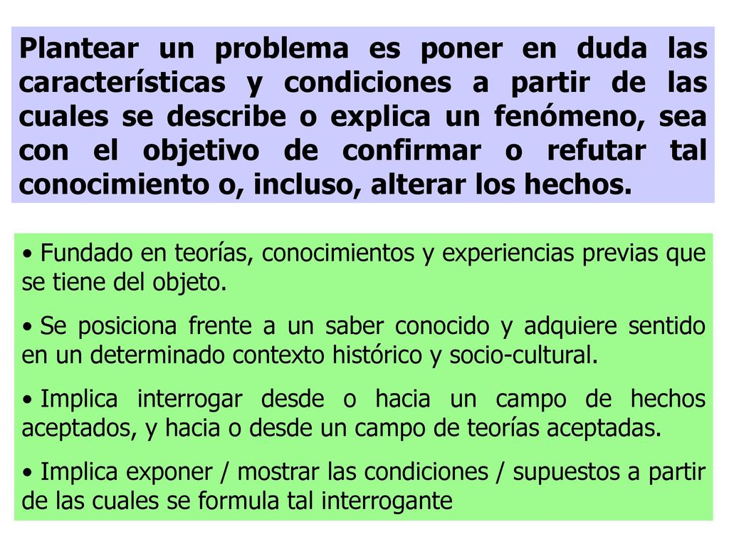 Plantear un problema es poner en duda las características y condiciones a partir de las cuales se describe o explica un fenómeno, sea con el objetivo de confirmar o refutar tal conocimiento o, incluso, alterar los hechos.