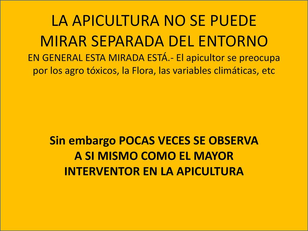 LA APICULTURA NO SE PUEDE MIRAR SEPARADA DEL ENTORNO EN GENERAL ESTA MIRADA ESTÁ.- El apicultor se preocupa por los agro tóxicos, la Flora, las variables climáticas, etc