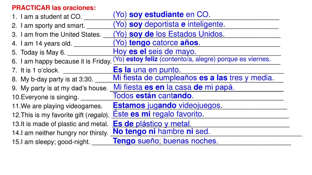 (Yo) soy estudiante en CO. (Yo) soy deportista e inteligente.
