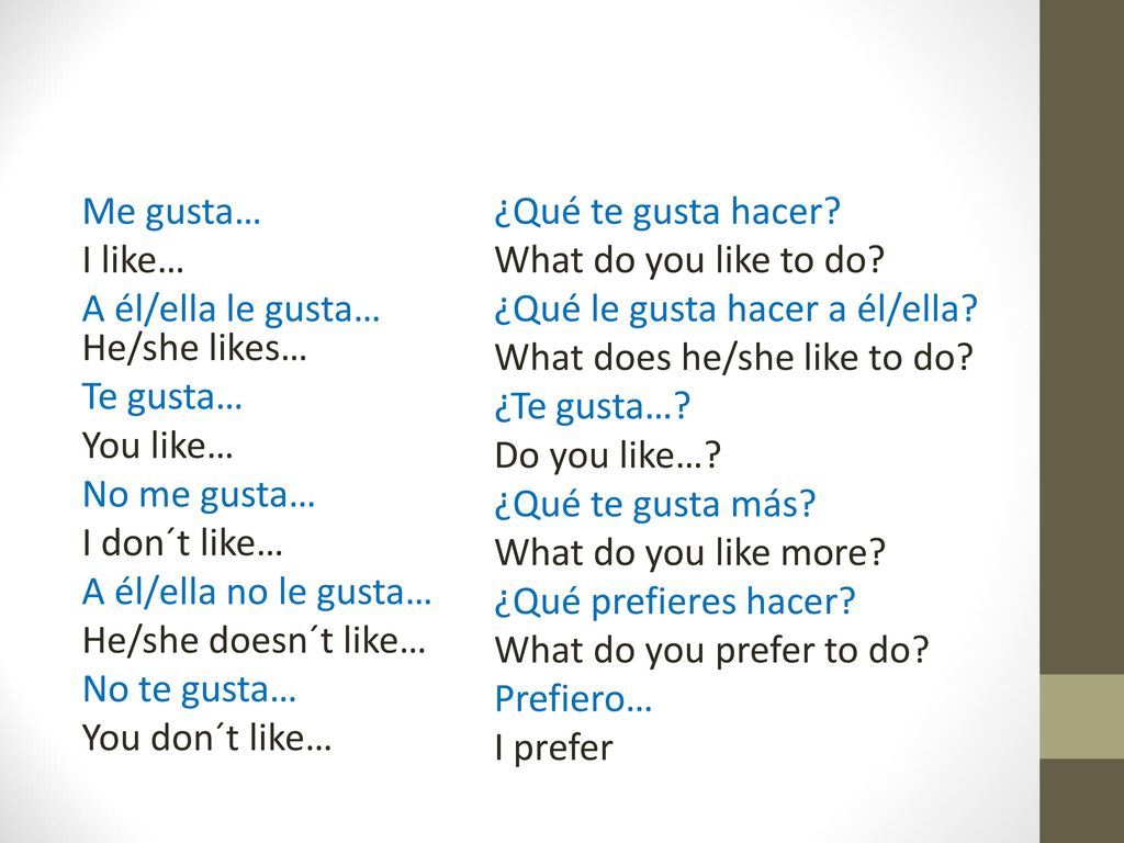 Me gusta… I like… A él/ella le gusta… He/she likes… Te gusta… You like… No me gusta… I don´t like… A él/ella no le gusta… He/she doesn´t like… No te gusta… You don´t like…