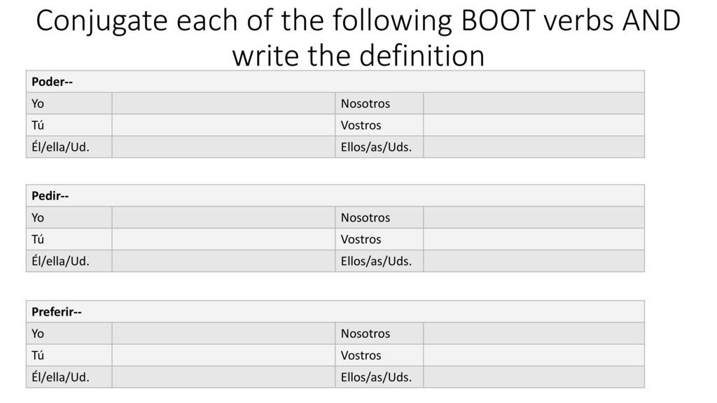 Conjugate each of the following BOOT verbs AND write the definition