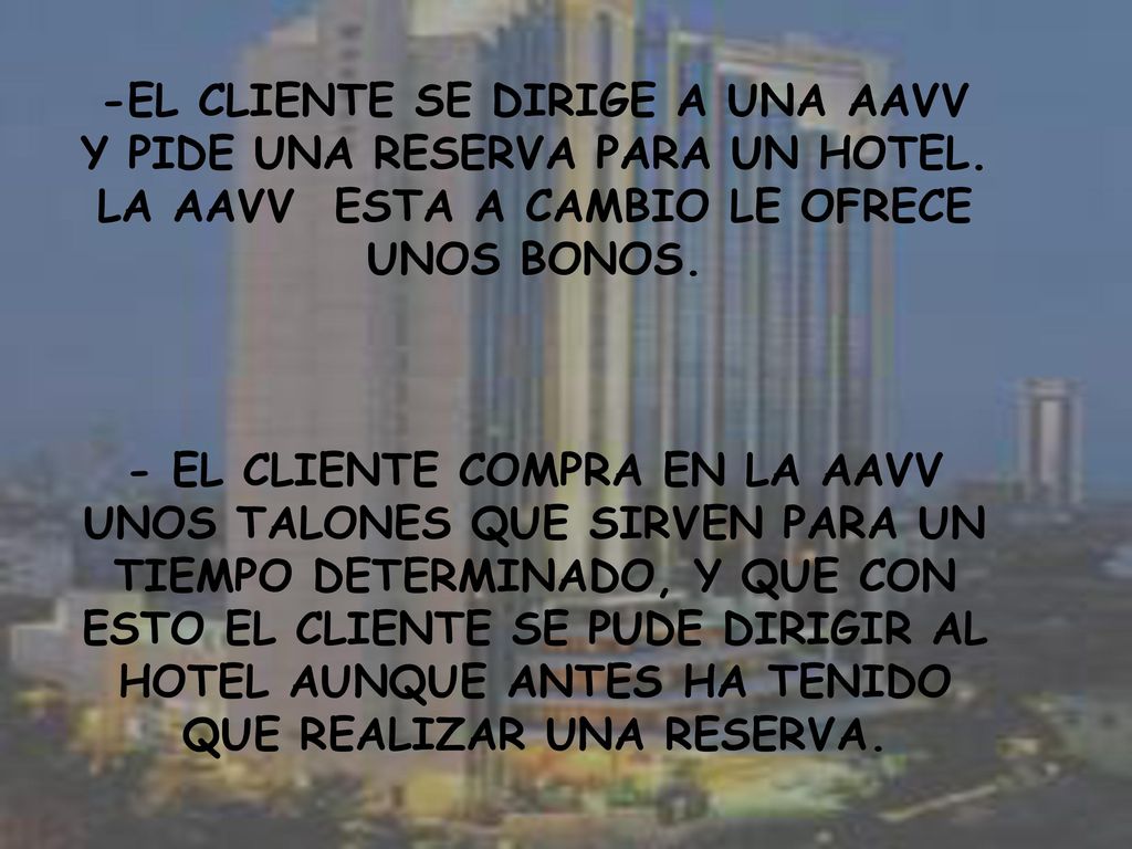 -EL CLIENTE SE DIRIGE A UNA AAVV Y PIDE UNA RESERVA PARA UN HOTEL