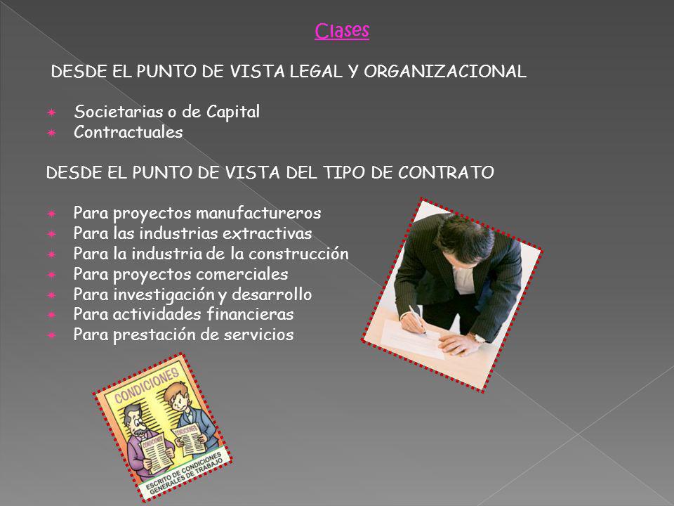 Clases DESDE EL PUNTO DE VISTA LEGAL Y ORGANIZACIONAL. Societarias o de Capital. Contractuales. DESDE EL PUNTO DE VISTA DEL TIPO DE CONTRATO.