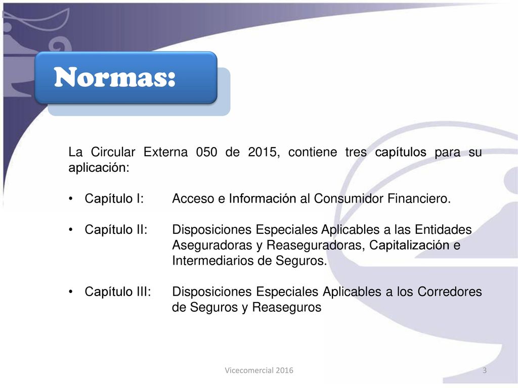 Normas: La Circular Externa 050 de 2015, contiene tres capítulos para su aplicación: Capítulo I: Acceso e Información al Consumidor Financiero.