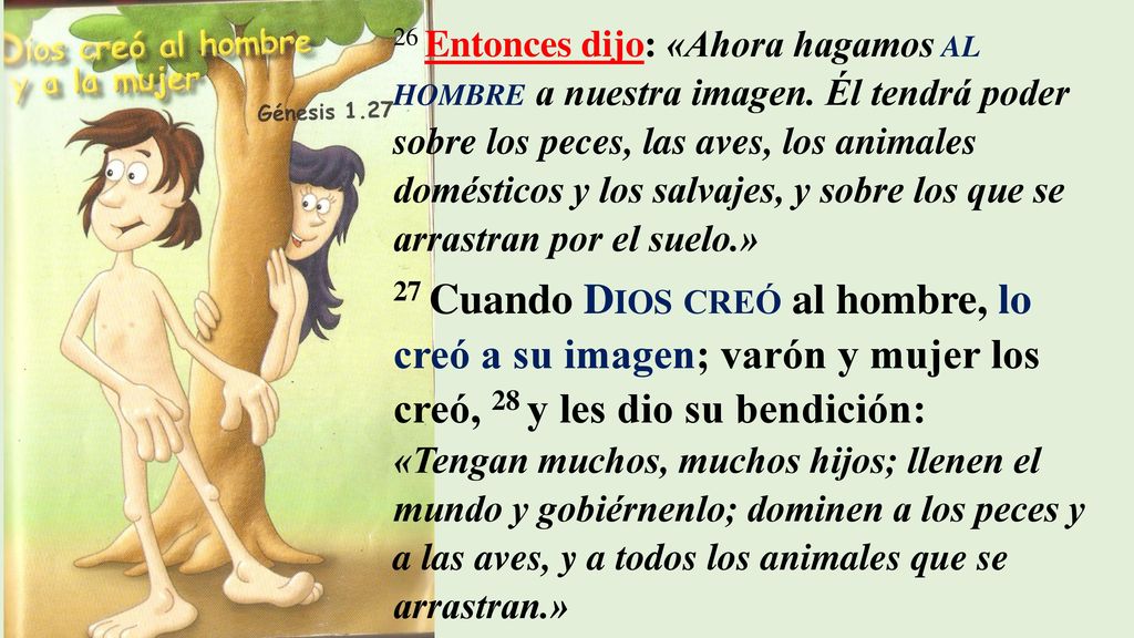 26 Entonces dijo: «Ahora hagamos al hombre a nuestra imagen
