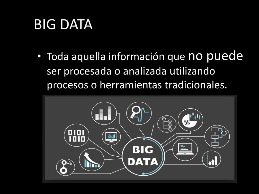 BIG DATA Toda aquella información que no puede ser procesada o analizada utilizando procesos o herramientas tradicionales.