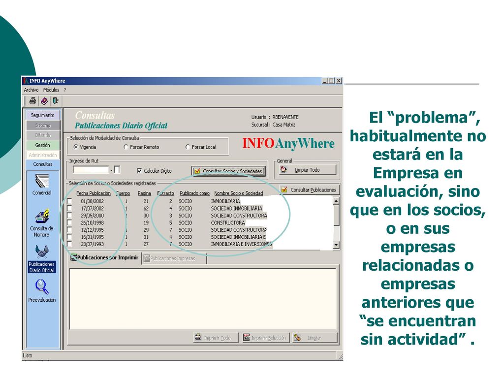 El problema , habitualmente no estará en la Empresa en evaluación, sino que en los socios, o en sus empresas relacionadas o empresas anteriores que se encuentran sin actividad .