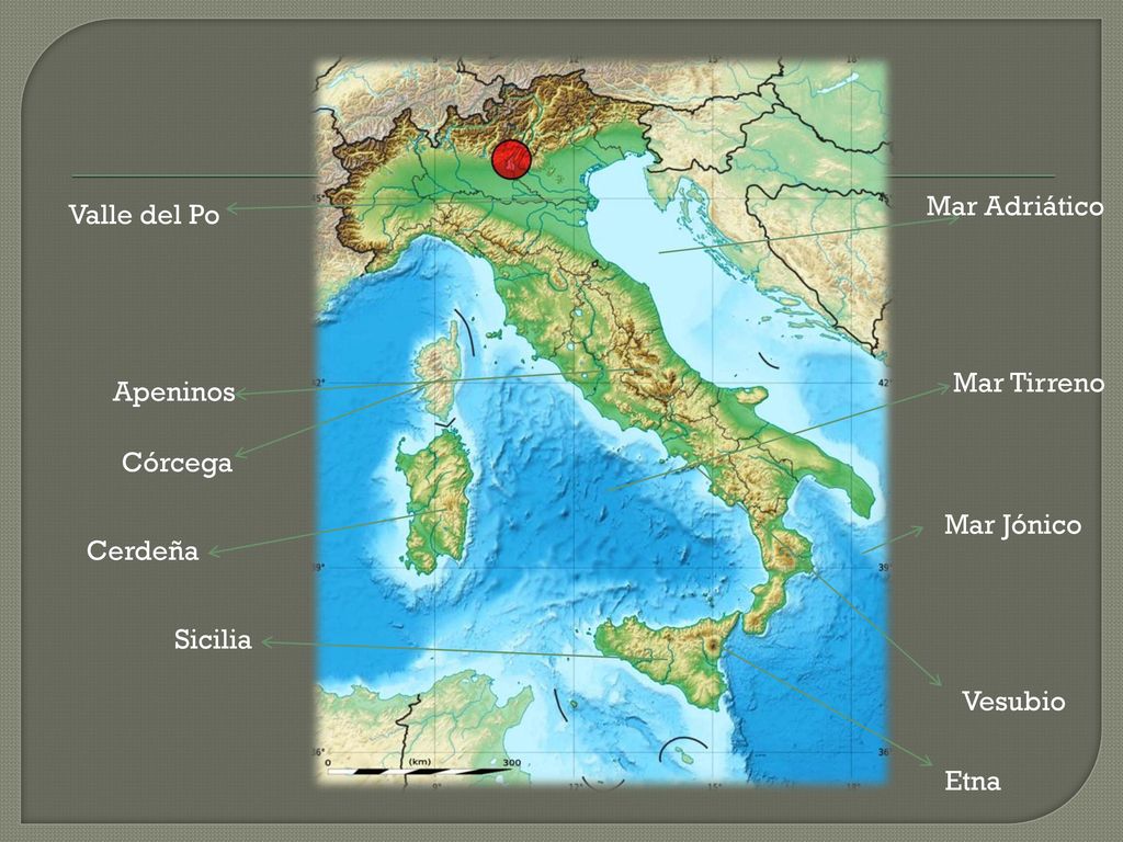 Mar Adriático Valle del Po Mar Tirreno Apeninos Córcega Mar Jónico Cerdeña Sicilia Vesubio Etna