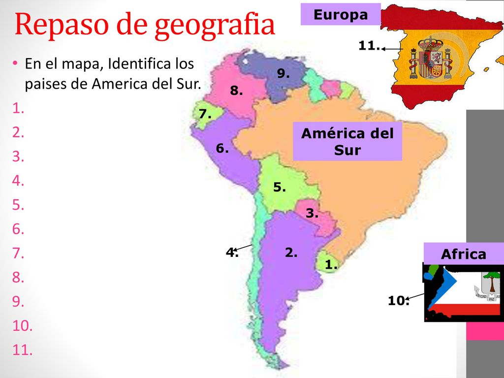 Repaso de geografia Europa. 11. En el mapa, Identifica los paises de America del Sur