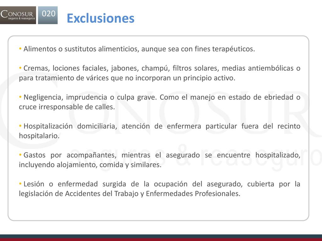 020. Exclusiones. Alimentos o sustitutos alimenticios, aunque sea con fines terapéuticos.