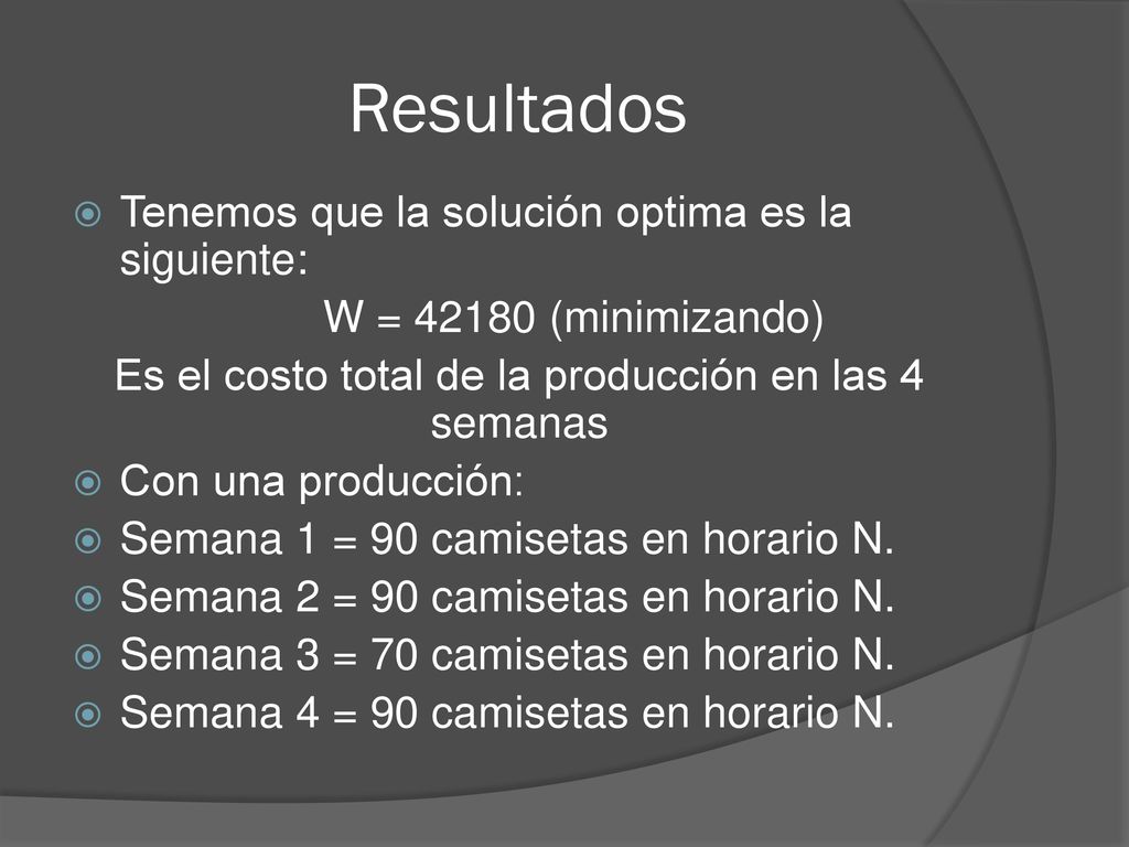 Es el costo total de la producción en las 4 semanas