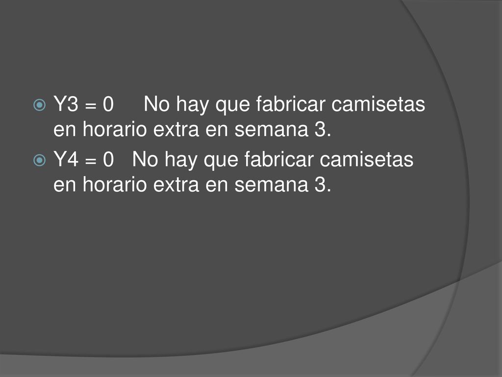 Y3 = 0 No hay que fabricar camisetas en horario extra en semana 3.