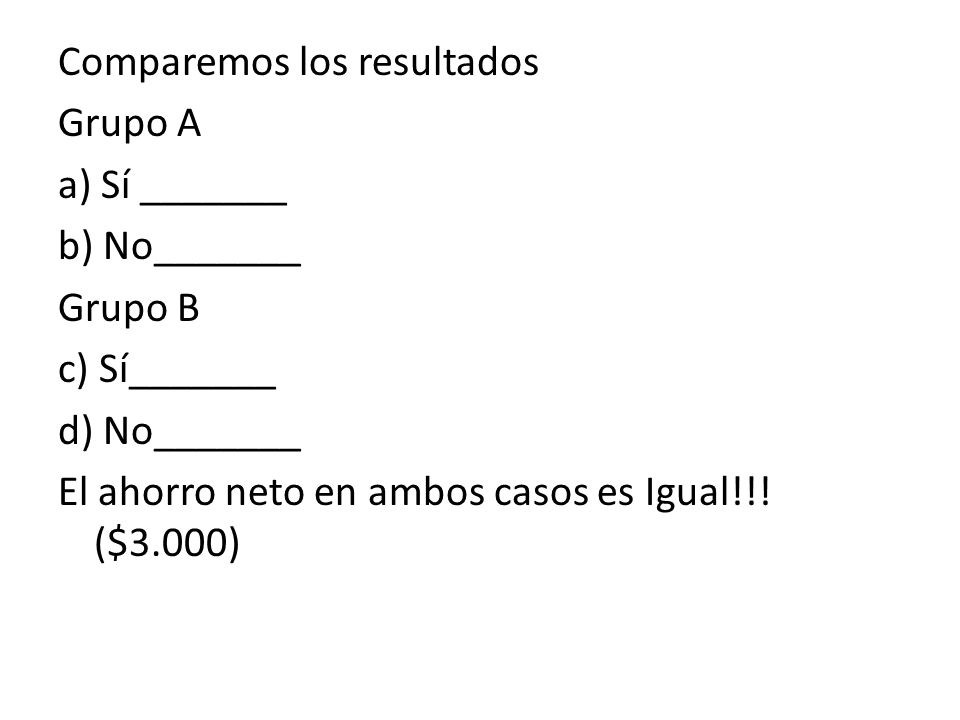Comparemos los resultados Grupo A a) Sí _______ b) No_______ Grupo B c) Sí_______ d) No_______ El ahorro neto en ambos casos es Igual!!.