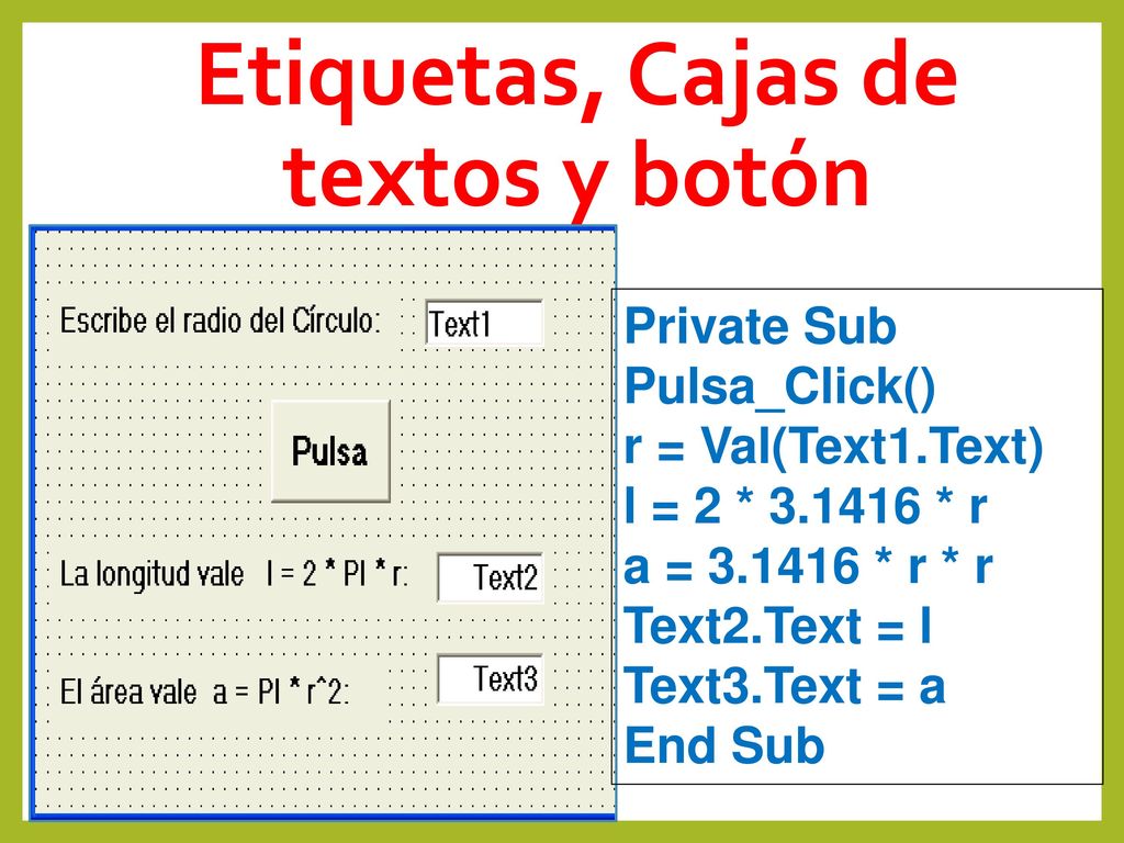 Etiquetas, Cajas de textos y botón