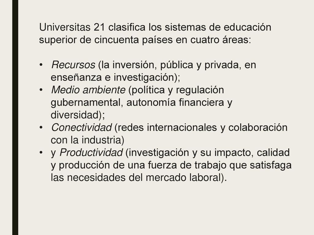 Universitas 21 clasifica los sistemas de educación superior de cincuenta países en cuatro áreas: