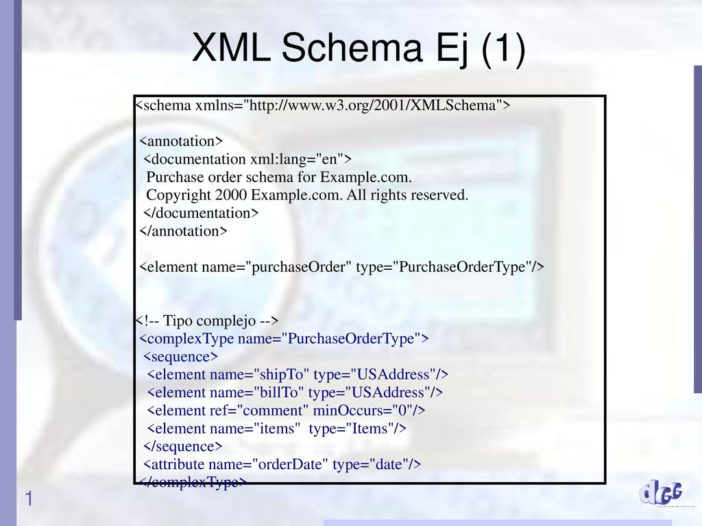 XML Schema Ej (1) <schema xmlns=   > <annotation> <documentation xml:lang= en >
