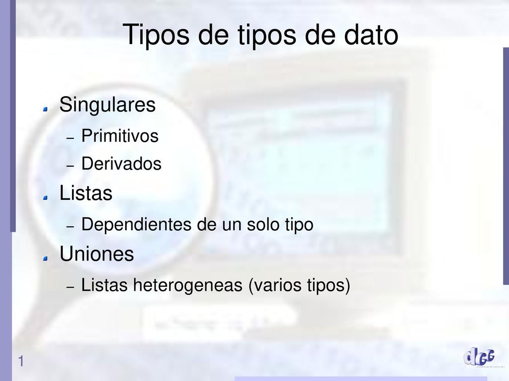 Tipos de tipos de dato Singulares Listas Uniones Primitivos Derivados