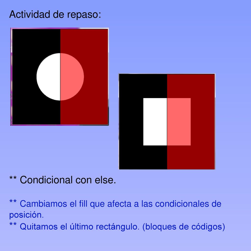 Actividad de repaso: ** Condicional con else. ** Cambiamos el fill que afecta a las condicionales de posición.