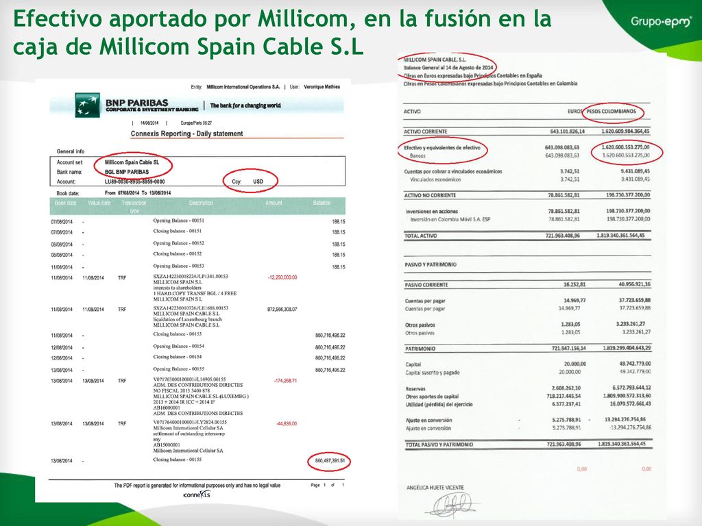 Efectivo aportado por Millicom, en la fusión en la caja de Millicom Spain Cable S.L