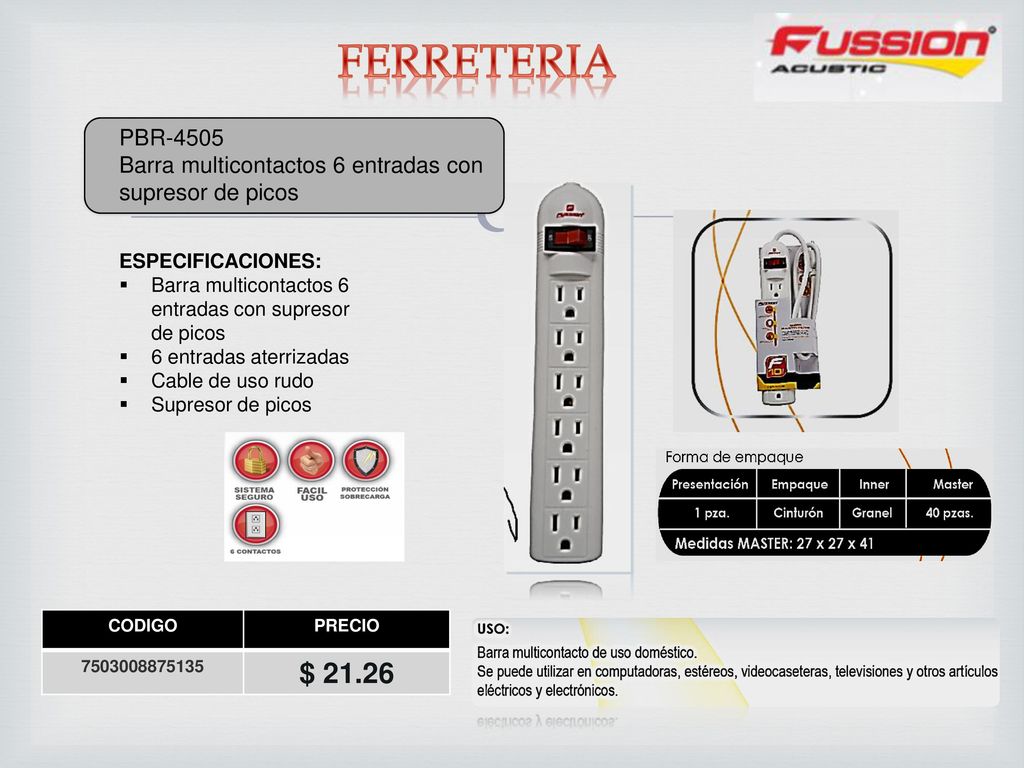FERRETERIA PBR Barra multicontactos 6 entradas con supresor de picos. ESPECIFICACIONES: