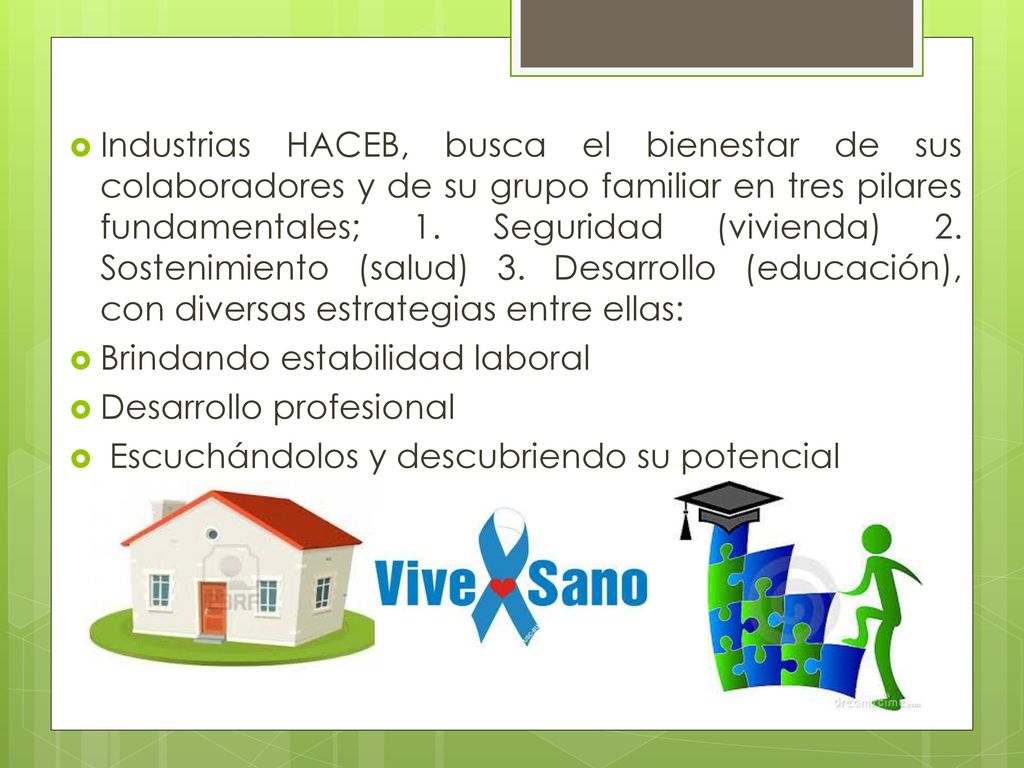 Industrias HACEB, busca el bienestar de sus colaboradores y de su grupo familiar en tres pilares fundamentales; 1. Seguridad (vivienda) 2. Sostenimiento (salud) 3. Desarrollo (educación), con diversas estrategias entre ellas: