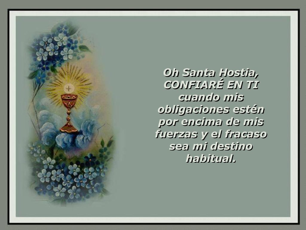 Oh Santa Hostia, CONFIARÉ EN TI cuando mis obligaciones estén por encima de mis fuerzas y el fracaso sea mi destino habitual.