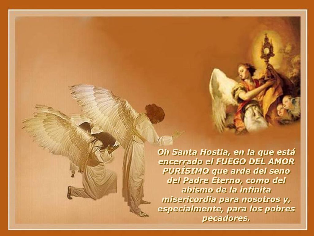 Oh Santa Hostia, en la que está encerrado el FUEGO DEL AMOR PURÍSIMO que arde del seno del Padre Eterno, como del abismo de la infinita misericordia para nosotros y, especialmente, para los pobres pecadores.