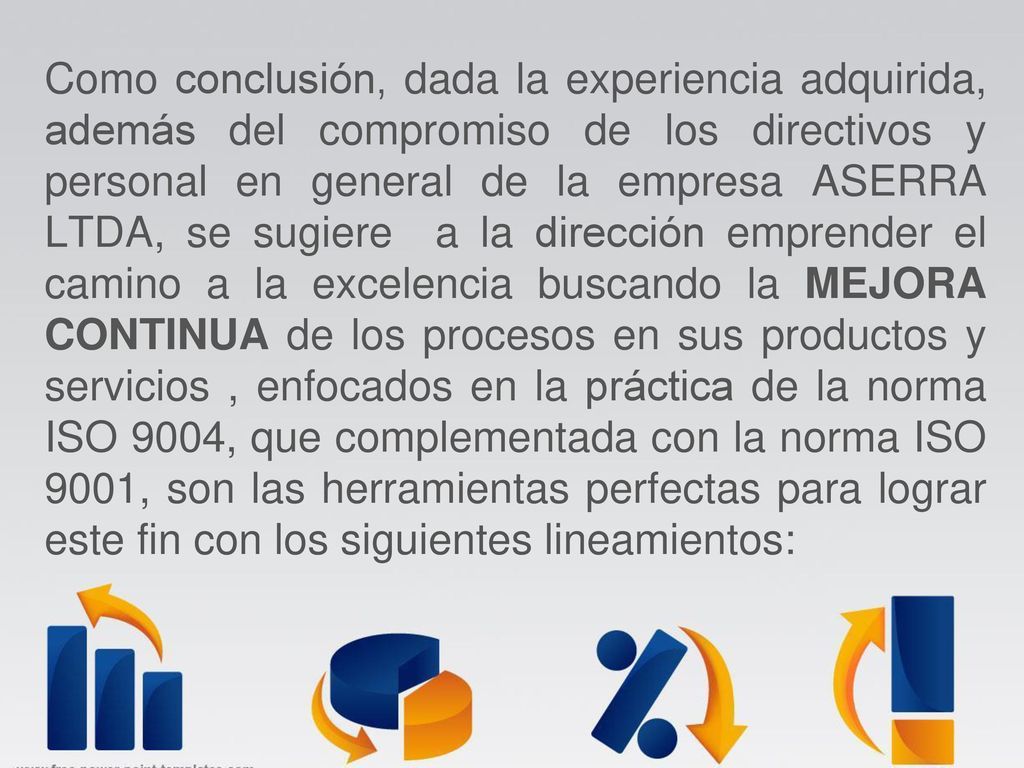 Como conclusión, dada la experiencia adquirida, además del compromiso de los directivos y personal en general de la empresa ASERRA LTDA, se sugiere a la dirección emprender el camino a la excelencia buscando la MEJORA CONTINUA de los procesos en sus productos y servicios , enfocados en la práctica de la norma ISO 9004, que complementada con la norma ISO 9001, son las herramientas perfectas para lograr este fin con los siguientes lineamientos: