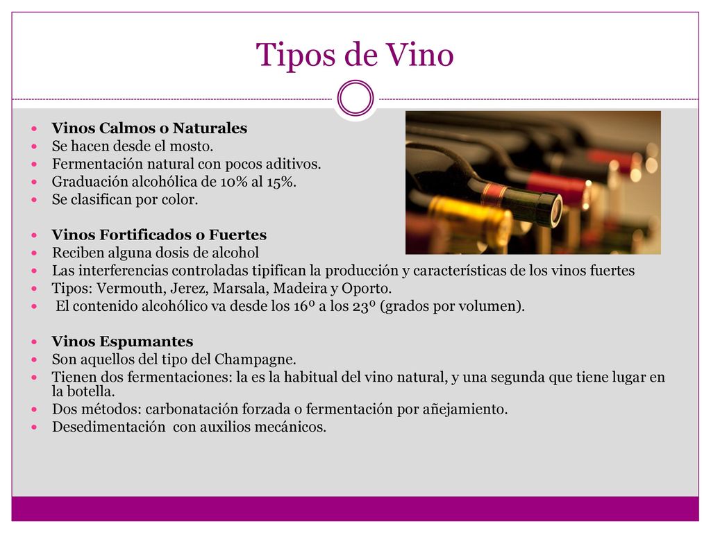 Tipos de Vino Vinos Calmos o Naturales Se hacen desde el mosto.