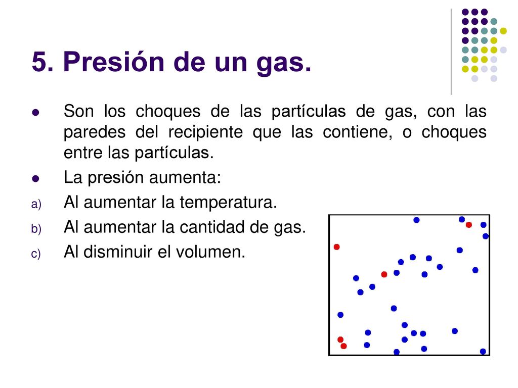 5. Presión de un gas. Son los choques de las partículas de gas, con las paredes del recipiente que las contiene, o choques entre las partículas.