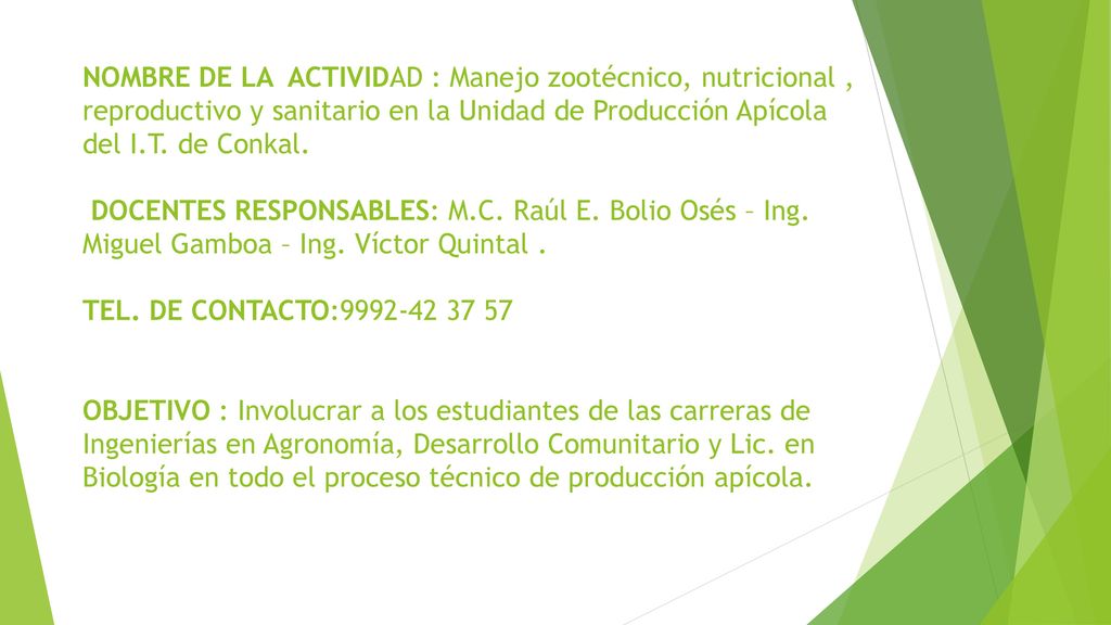 NOMBRE DE LA ACTIVIDAD : Manejo zootécnico, nutricional , reproductivo y sanitario en la Unidad de Producción Apícola del I.T.
