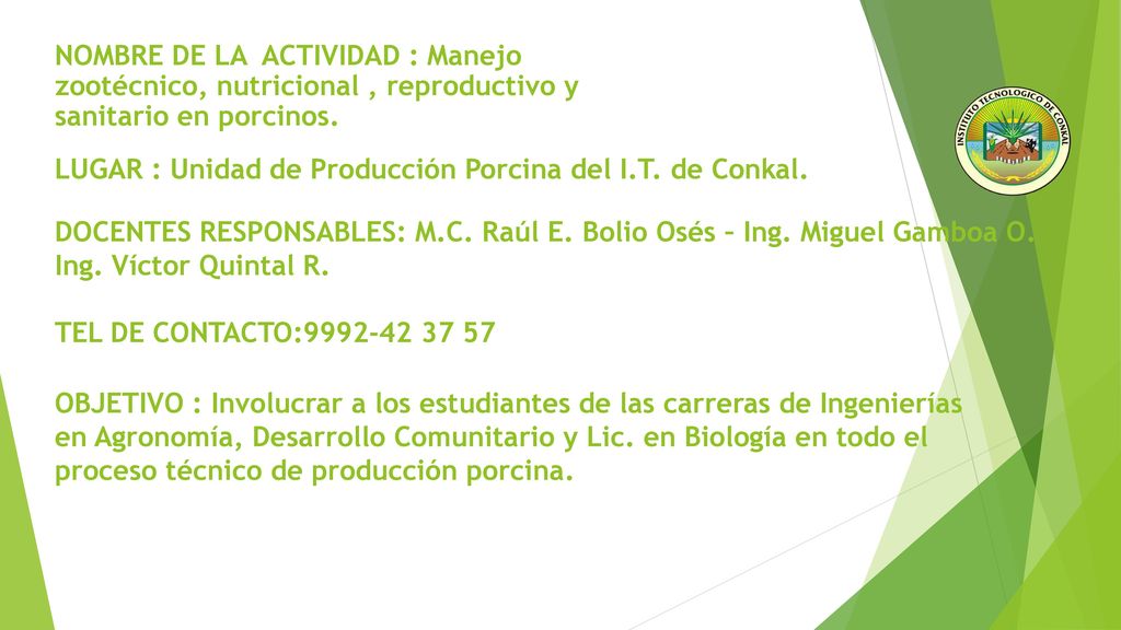 NOMBRE DE LA ACTIVIDAD : Manejo zootécnico, nutricional , reproductivo y sanitario en porcinos.