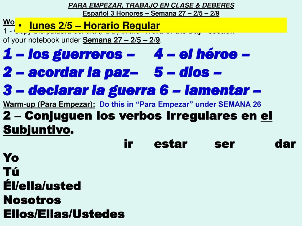 1 – los guerreros – 4 – el héroe – 2 – acordar la paz– 5 – dios –