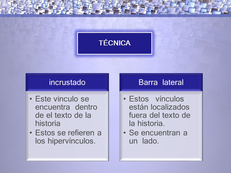 TÉCNICA incrustado. Este vinculo se encuentra dentro de el texto de la historia. Estos se refieren a los hipervínculos.