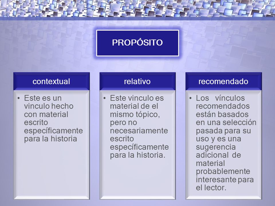 PROPÓSITO contextual. Este es un vinculo hecho con material escrito específicamente para la historia.