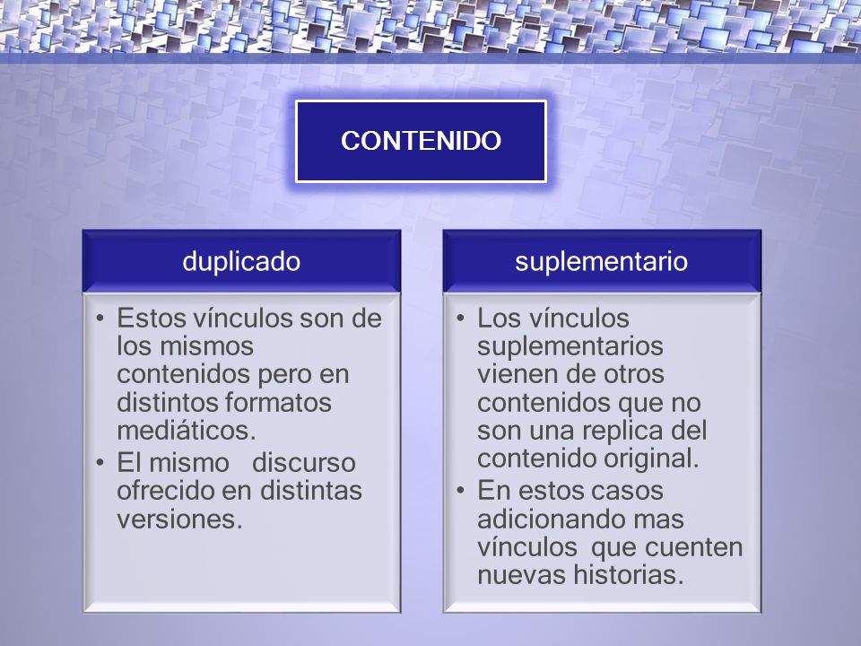 CONTENIDO duplicado. Estos vínculos son de los mismos contenidos pero en distintos formatos mediáticos.