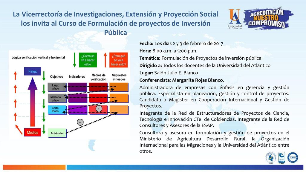 La Vicerrectoría de Investigaciones, Extensión y Proyección Social los invita al Curso de Formulación de proyectos de Inversión Pública
