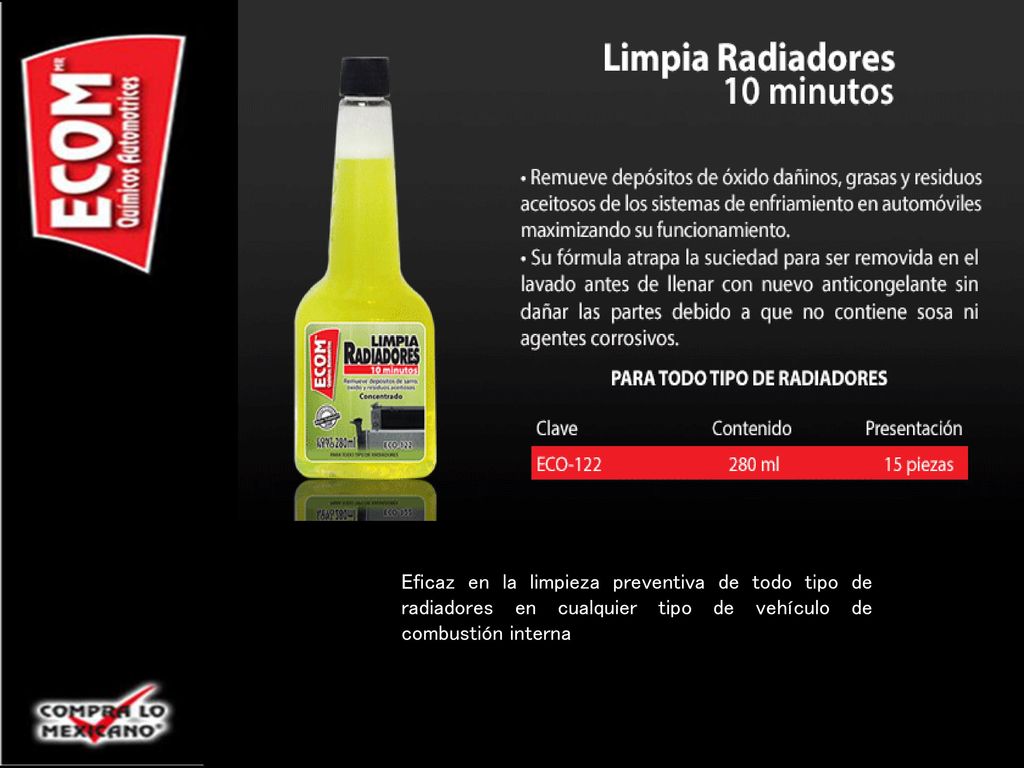 Eficaz en la limpieza preventiva de todo tipo de radiadores en cualquier tipo de vehículo de combustión interna