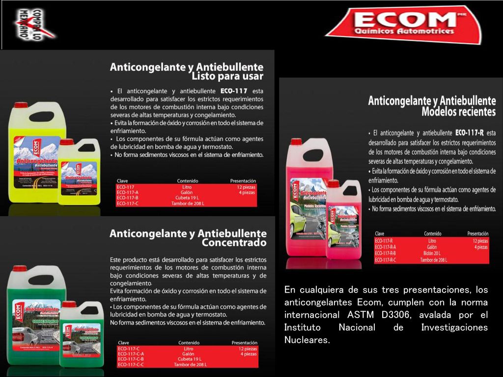 En cualquiera de sus tres presentaciones, los anticongelantes Ecom, cumplen con la norma internacional ASTM D3306, avalada por el Instituto Nacional de Investigaciones Nucleares.
