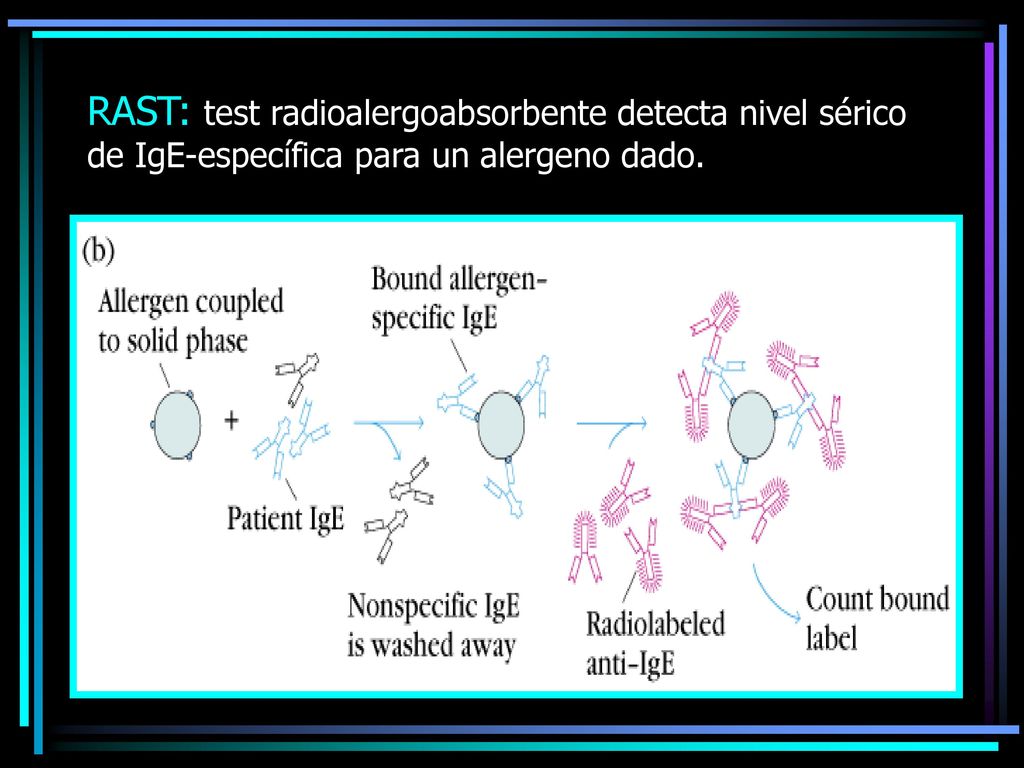 RAST: test radioalergoabsorbente detecta nivel sérico de IgE-específica para un alergeno dado.