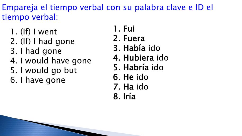 Empareja el tiempo verbal con su palabra clave e ID el tiempo verbal: